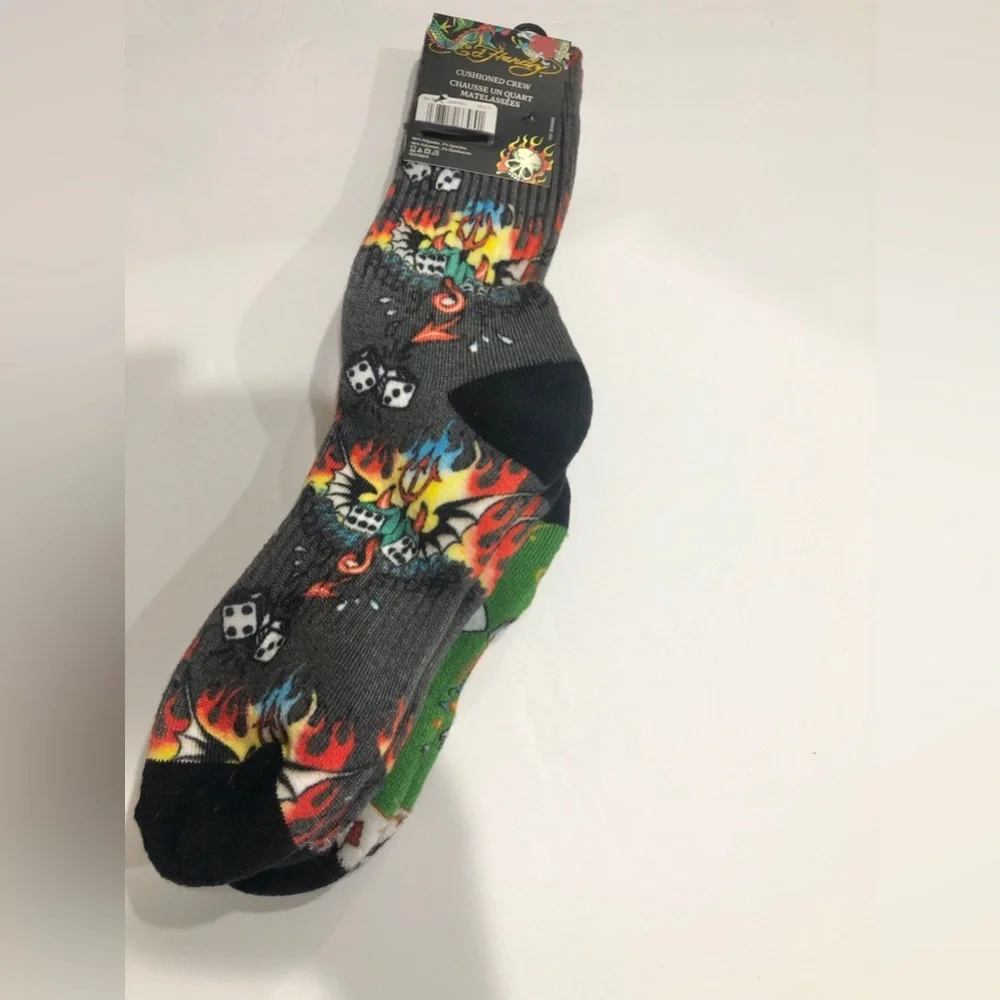 Ed Hardy green‎ and gray multi iconic Ed Hardy printed l crew socks - 2pairs new